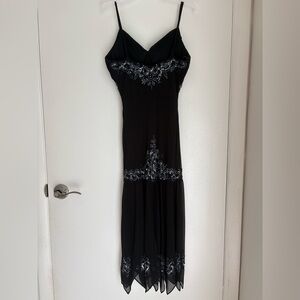 Carraz Black Beaded Strappy Uneven Hem Flapper 20's Glamour Vintage Party Dress
